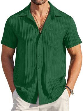 Men's Dark Green Short Sleeve Textured Summer Collared Casual Button Down Shirts